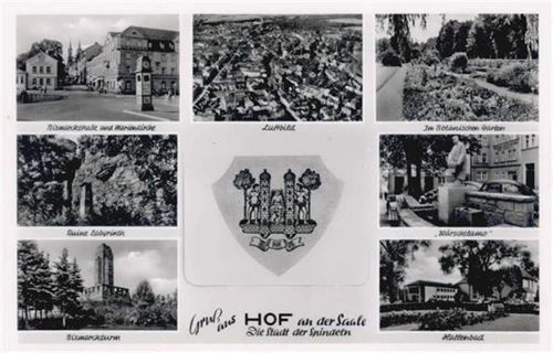 Hof Hof-Saale (8670) Leporello Bismarckstrasse, Marienkirche, Litfaßsäule, Fliegeraufnahme, Hallenbad, Ruine Labyrinth, Bismarckturm, Botanischer Garten I-II