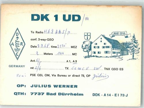Bad Dürrheim Amateurfunk QSL-Karte DK1UD keine AK