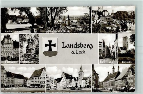86899 W8910 Landsberg a. Lech - Lechwehr Rathaus Mutterturm Hauptplatz Alte Bergstrasse Bayertor