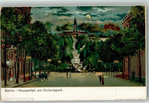 Kreuzberg Wasserfall am Victoriapark Kutsche Litfaßsäule Mond Nacht Beleuchtung Lithographie