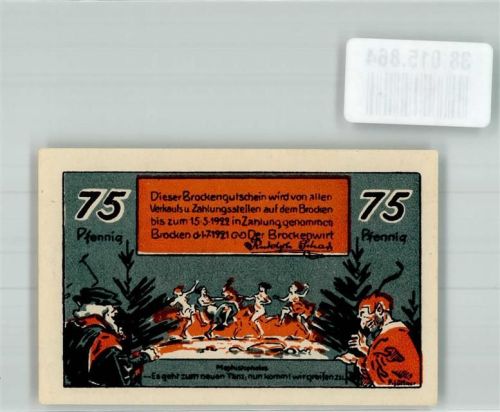 Brocken 1921 Gutschein über 75 Pfennig Hexentanzplatz