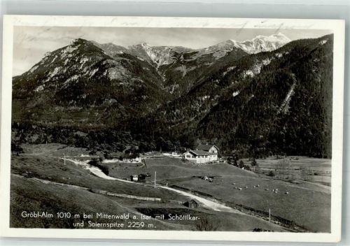 Mittenwald 1937 Gröbl-Alm Almhütte mit Schöttlkarspitze und Soiernspitze Fotograf Irl