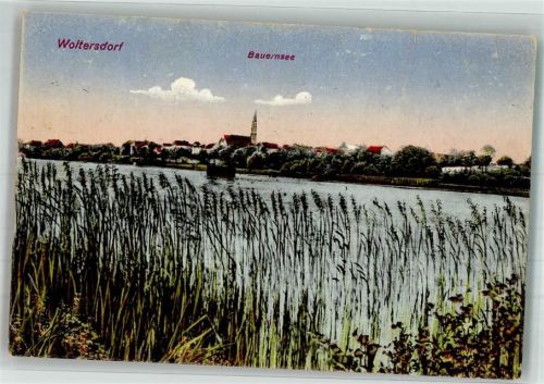 Woltersdorf 1928 Panorama des Ortes mit Kirche St. Michael und dem Bauernsee Verlag Max O'Brien 891