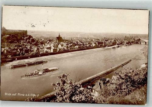 Pirna 1928 Panorama des Ortes an der Elbe mit der Marienkirche Raddampfer Verlag Trinks & Co.