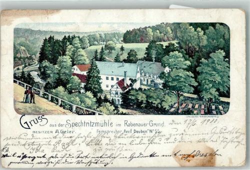 Rabenau 1900 Gasthaus Spechtritzmühle Rabenauer Grund Lithographie