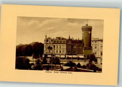 03042 O7500 Cottbus 1910 Passepartout Kaiser-Wilhelm-Platz mit Spremberger Turm Litfaßsäule Straßenbahn