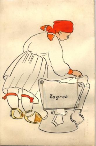 Zagreb Zagreb (Kroatien) Leporello, Frau mit Kinderwiege II- (Marke entfernt)