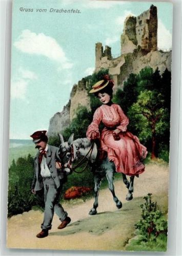 53639 W5330 Drachenfels Künstlerkarte Elegante Frau auf einem Esel unterhalb der Ruine Verlag Zieher, Ottmar 7069