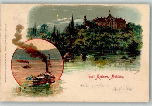 Insel Mainau 1901 Schloss Raddampfer Fahne Blau Weiß Ruderboot sign. Perlberg Lithographie