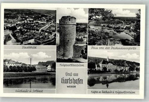Bad Karlshafen Fliegeraufnahme des Ortes Kurhaus Solbad Hugenottenturm Hafen Rathaus
