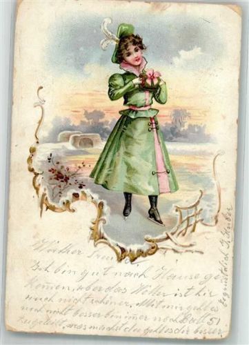 1901 Winter Frau Muff Lithographie