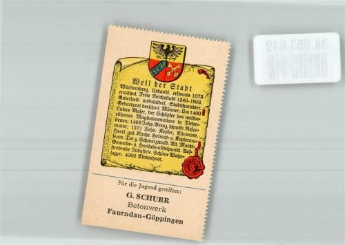 Weil der Stadt Wappensammelmarke mit Chronik Nr. 523 Deutscher Heimatdienst Betonwerke Schurr