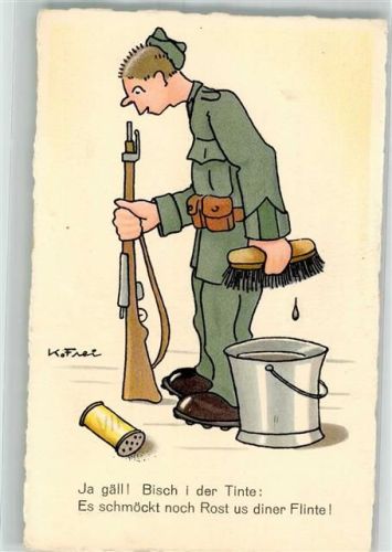 1944 sign. Frei Schweizer Soldat reinigt seine Flinte Verlag Max Künzli 8890