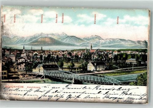 Rosenheim 1911 Panorama des Ortes mit Pfarrkirche St. Nikolaus Innbrücke und Alpengipfeln Verlag Lehrburger