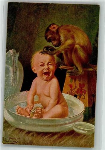 1917 sign. von Riesen Affe entlaust ein schreiendes Baby