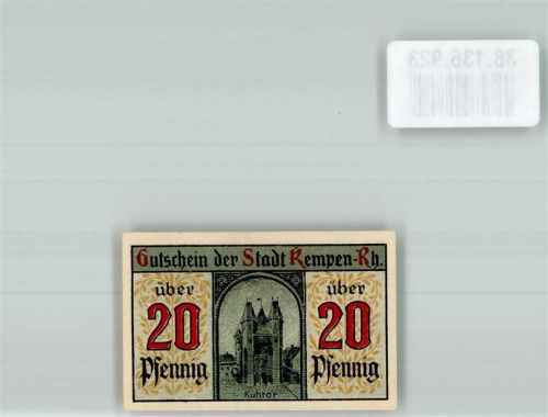 Kempen 1920 Gutschein über 20 Pfennig Kuhtor