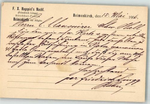 Heimenkirch 1906 Strohhut Fabrik Hagspiel´s Nachf. Geschäftskorrespondenz
