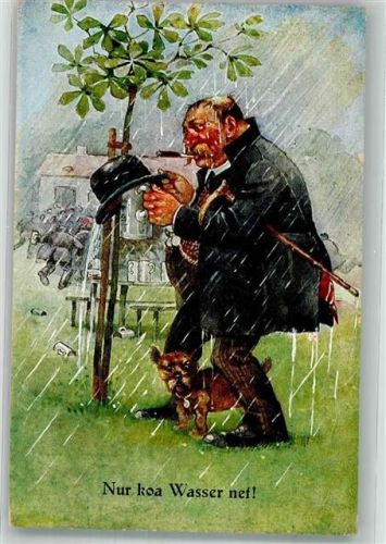 Mann hält im Regen seinen Hut über den Bierkrug ASM Nr. 1304