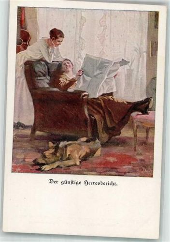 Junge Frau liest die Heeresberichte in der Zeitung Schäferhund Verlag der Lustigen Blätter Nr. 13