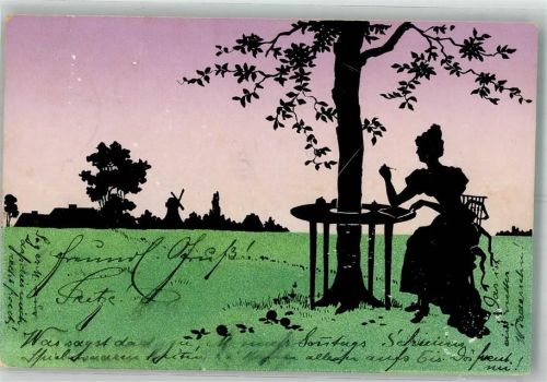 1899 Junge Frau unter einem Baum beim verfassen eines Briefes Windmühle