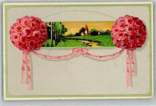 Einsame Kirche in Sommerlandschaft flankiert von Sträußen roter Rosen Künstlerkarte HWB Serie 1353