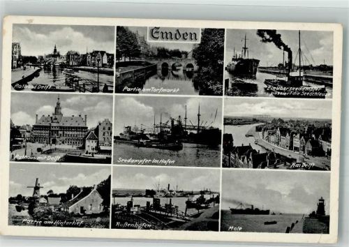 Emden 1939 Überseedampfer Hafen Rathaus Delft Windmühle Mole Bahnpost Soest- Zug 0632