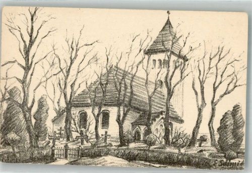 sign. Schmid Einsame Kirche mit Friedhof zwischen kahlen Bäumen