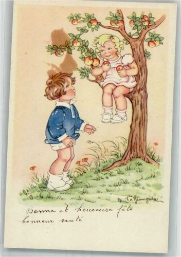 Junge wünscht Mädchen auf Apfelbaum alles Gute E.A.S. 9696