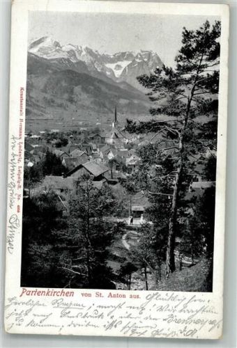 Partenkirchen 1907 Panorama des Ortes mit Pfarrkirche Maria Himmelfahrt Verlag Hermann Ludewig No. 4959 Hüttenstempel Hotel Werdenfelser Michl