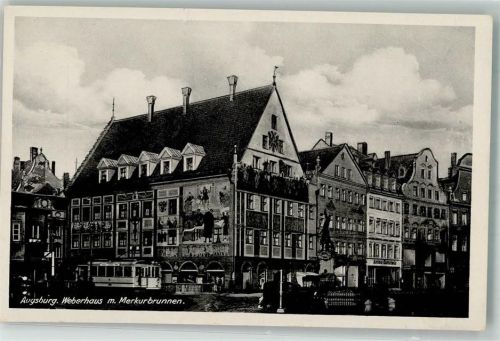 Augsburg Weberhaus m. Merkurbrunnen Straßenbahn