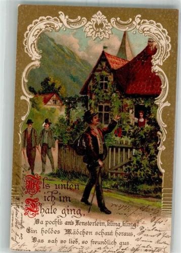1904 Mädchen im Tale grüßt vom Fenster den jungen Wanderer Jugendstil