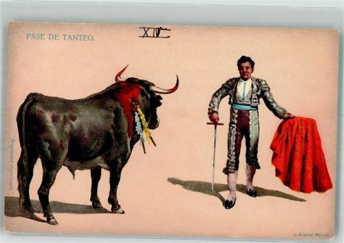 Mexikanischer Torero mit rotem Tuch und verwundetem Stier