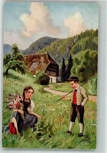 Zwei Kinder in Tracht vor Schwarzwaldhaus Verlag Sting Nr. 58134/1