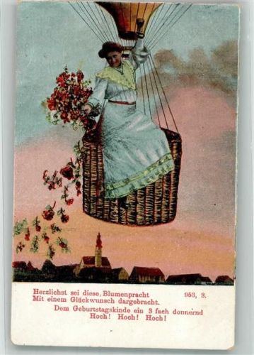 1911 Frau in Ballongondel läßt zum Geburtstag Blumen regnen