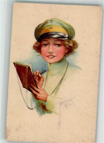 Amsterdam 1916 Junge Frau mit Militärmütze und Schreibblock Werbung Willem Stuve Nougat- und Dessertwerkenfabriek