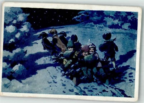 1923 Kinder auf einem von Dackeln gezogenen Schlitten in dunkler Winternacht Künstlerkarte