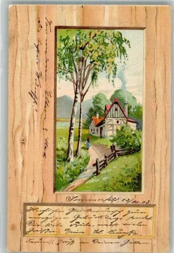 1903 Hohe Birken vor einem alten Fachwerkhaus Passepartout