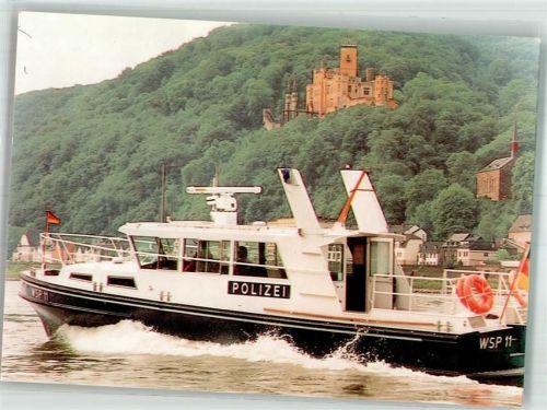 Lahnstein Streifemboot WSP 11 der Wasserschutzpolizei Rheinland-Pfalz unter Schloss Stolzenfels Informationskarte