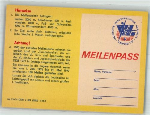 Leipzig 1977 Meilenpass anläßlich des VI. Turn- und Sportfestes