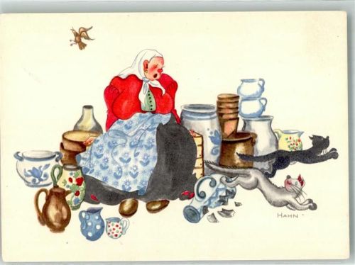 Marktfrau m. Keramik Katzen Hahn Kunstverlag Nr. 5
