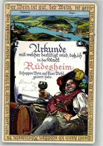 Rüdesheim 1927 Urkunde mit Wein trinkendem Zecher oberhalb von Rhein und Niederwalddenkmal