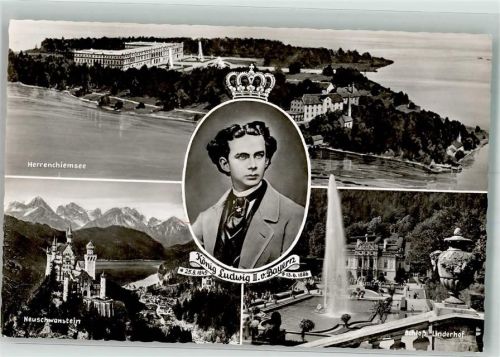 Linderhof Portrait des Königs mit Schloss Herrenchiemsee und Schloss Neuschwanstein