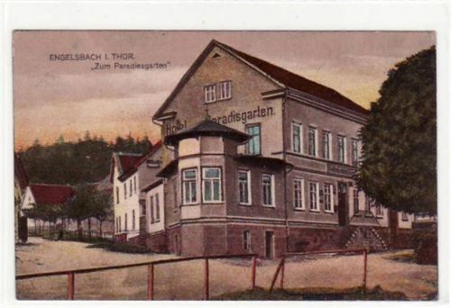 Engelsbach i. Thür. Hotel zum Paradiesgarten ungelaufen Eckbug unten rechts sonst gut erhalten.