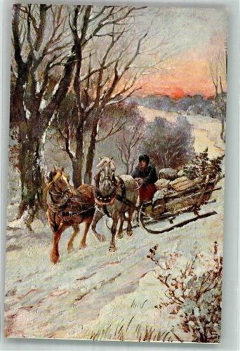 Zweispänniger Schlitten in Winterlandschaft Verlag Rehn & Linzen No. 137