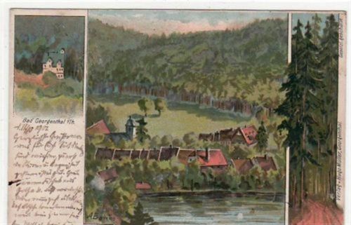 Georgenthal Bad Georgenthal i. Thür. 2 verschiedene Teilansichten gelaufen 1901 kleiner Riß an der linken Kante, sonst gut erhalten.