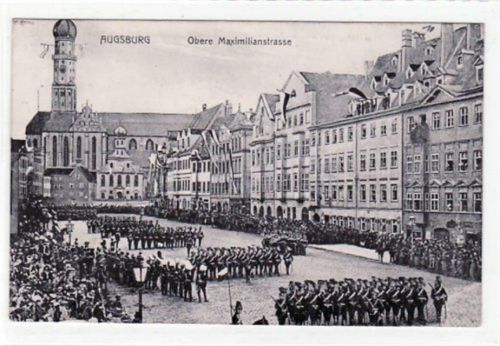 Augsburg. Obere Maximilianstraße Militärparade (?) gelaufen 1908. Gute Erhaltung.