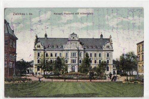 Zwickau Zwickau mit Kaiserl. Postamt am Albertplatz gelaufen von 1912. leichte Eckabschürfungen, leichte Stempelspuren, sonst gut erhalten