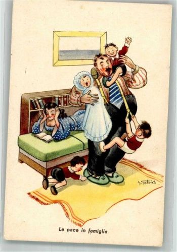 Italienischer Vater kümmert sich um die Kinder während die Mutter in aller Seelenruhe ein Buch liest Humor