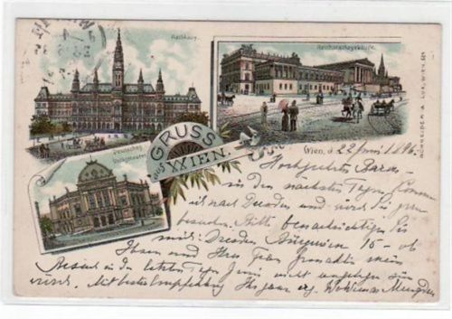 Lithographie Gruss aus Wien 7. Bezirk / VII. Bezirk. Reichsrathsgebäude Rathhaus deutsche Volkstheater gelaufen 1896. Die Marke fehlt. Vorder- und Rückseite leicht stockfleckig. Leichte Stempelspuren, sonst gut erhalten.