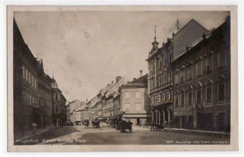 Klagenfurt mit Kaiser Wilhelm Platz gelaufen von 1923. Leicht fleckig, leicht bügig, sonst gut erhalten